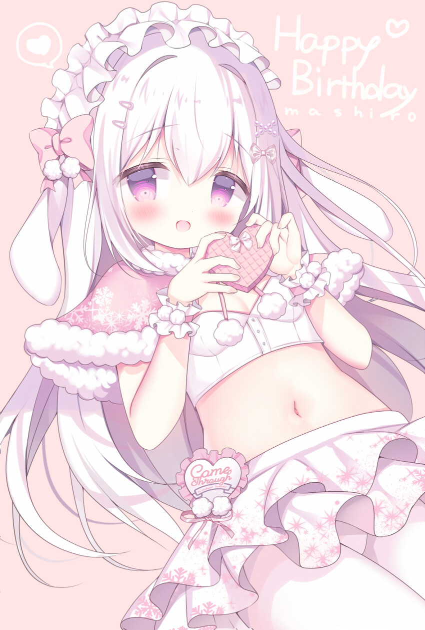 1girl :d animal_ears azumi_kazuki blush bow breasts capelet character_name cleavage commentary_request crop_top fur-trimmed_capelet fur_trim hair_between_eyes hair_bow hair_intakes hair_ornament hairclip hands_up happy_birthday heart highres holding layered_skirt long_hair looking_at_viewer midriff navel open_mouth original pantyhose pink_background pink_bow pink_capelet purple_eyes rabbit_ears simple_background skirt small_breasts smile solo spoken_heart very_long_hair white_bow white_hair white_pantyhose white_skirt wrist_cuffs x_hair_ornament