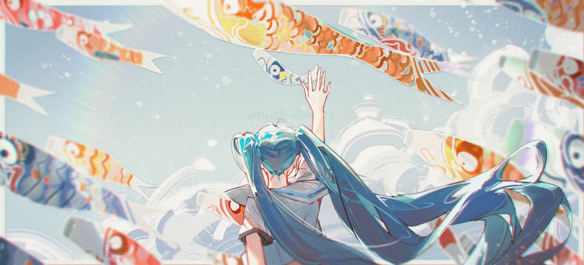 1girl alternate_costume aqua_hair arm_up commentary facing_away film_grain floating_hair from_behind hatsune_miku highres koinobori long_hair openvl reaching sailor_collar sailor_shirt shirt short_sleeves solo twintails very_long_hair vocaloid white_shirt windsock