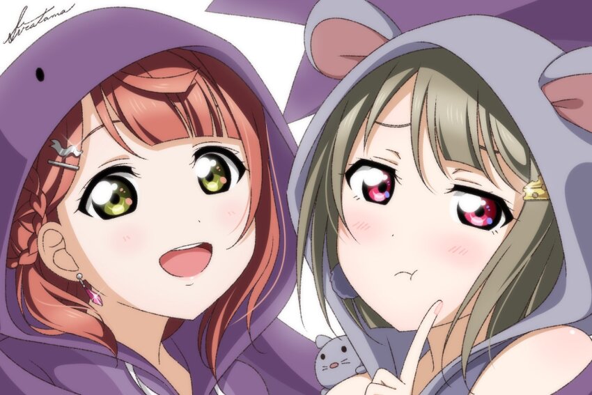 2girls :d :t animal animal_hood animal_on_shoulder artist_name blunt_bangs bob_cut braid braided_bun brown_hair cheek_press cheese_hair_ornament commentary earrings finger_to_cheek food-themed_hair_ornament green_eyes hair_bun hair_ornament hairclip hood hood_up jacket jewelry kasumin_2-gou light_blush looking_at_viewer love_live! love_live!_nijigasaki_high_school_idol_club medium_hair mouse_(animal) mouse_hood multiple_girls nakasu_kasumi nijiyon open_mouth orange_hair portrait pout purple_jacket red_eyes sasuke_(love_live!) shiratama_(siratama_ll) short_hair signature simple_background single_side_bun smile snake_hood swept_bangs teeth uehara_ayumu upper_teeth_only white_background