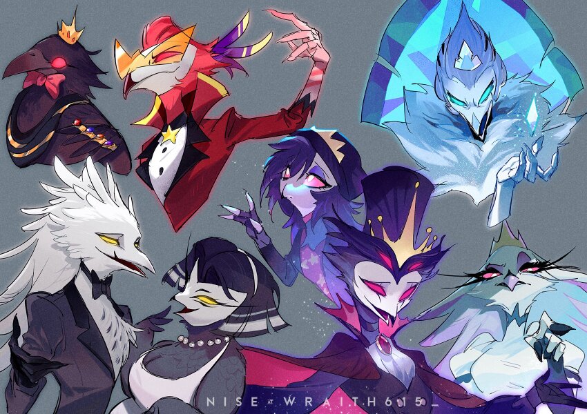 3girls 4boys andrealphus_(helluva_boss) bead_necklace beads beak beanie bird bird_boy bird_girl black_feathers black_hair blue_feathers blue_sclera bob_cut breasts brother_and_sister cleavage colored_sclera crown evil_smile extra_eyes eyelashes father_and_daughter feathers fingerless_gloves gloves grey_background hat helluva_boss highres husband_and_wife jacket jewelry looking_at_another medium_breasts mother_and_daughter multiple_boys multiple_girls necklace octavia_(helluva_boss) open_mouth red_feathers red_jacket red_sclera ring scar siblings simple_background smile stella_(helluva_boss) stolas_(helluva_boss) top_hat turtleneck vassago_(helluva_boss) white_eyes white_feathers wraith615 yellow_sclera