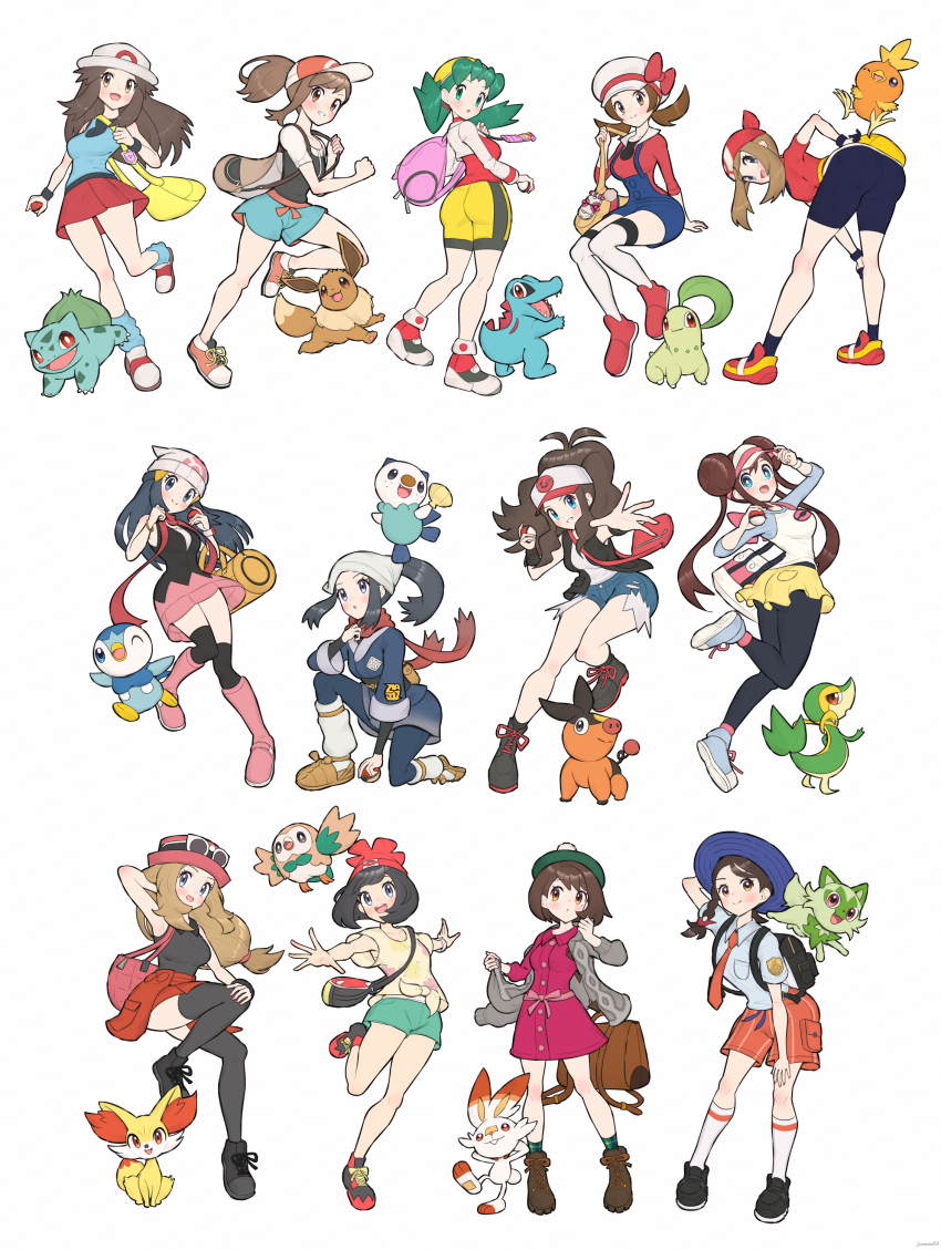 6+girls absurdres akari_(pokemon) baseball_cap blue_shirt blush breasts brown_eyes brown_hair bulbasaur chikorita closed_mouth dawn_(pokemon) eevee elaine_(pokemon) fennekin gen_1_pokemon gen_2_pokemon gen_3_pokemon gen_4_pokemon gen_5_pokemon gen_6_pokemon gen_7_pokemon gen_8_pokemon gloria_(pokemon) gonzarez hat highres hilda_(pokemon) holding juliana_(pokemon) kris_(pokemon) leaf_(pokemon) long_hair looking_at_viewer lyra_(pokemon) may_(pokemon) multiple_girls nintendo open_mouth oshawott piplup poke_ball pokemon pokemon_(creature) pokemon_bw pokemon_bw2 pokemon_dppt pokemon_frlg pokemon_gsc pokemon_hgss pokemon_legends:_arceus pokemon_lgpe pokemon_rse pokemon_sm pokemon_sv pokemon_swsh pokemon_xy red_skirt rosa_(pokemon) rowlet scorbunny selene_(pokemon) serena_(pokemon) shirt simple_background skirt sleeveless sleeveless_shirt smile snivy socks sprigatito tepig torchic totodile white_background wristband