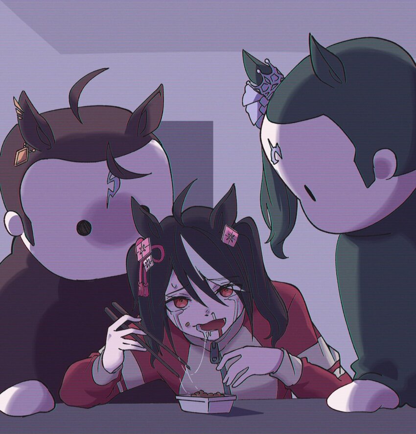 1girl 2others ahoge animal_ears black_hair blank_room_soup brown_hair chopsticks commentary cosplay crying crying_with_eyes_open duramente_(umamusume) ear_ornament eyes_visible_through_hair food food_in_mouth food_on_face green_hair highres holding holding_chopsticks horse_ears horse_girl jacket kigurumi kitasan_black_(umamusume) long_sleeves looking_down multicolored_hair multiple_others nattou obushideian rayray red_eyes red_jacket satono_crown_(umamusume) shaded_face short_hair streaming_tears tears track_jacket two-tone_hair two_side_up umamusume upper_body white_hair zipper zipper_pull_tab