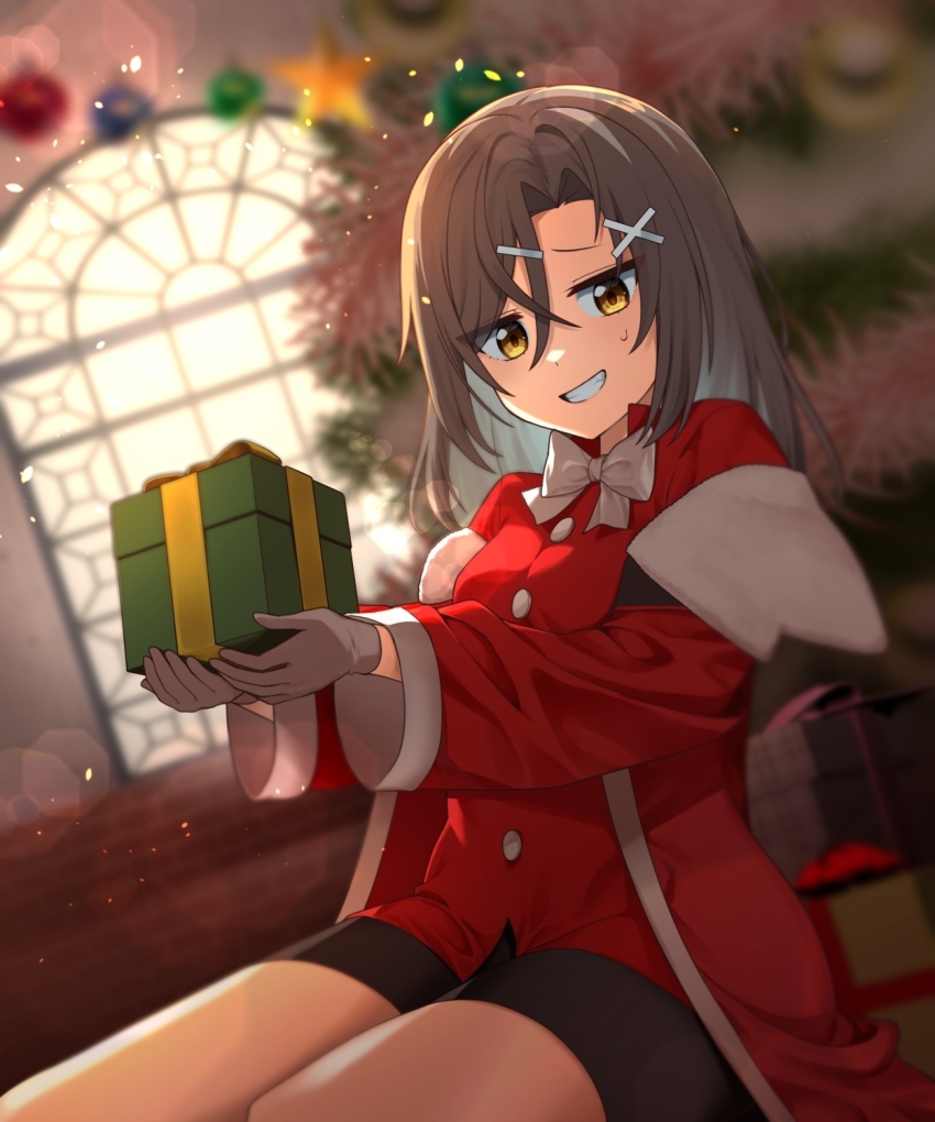 1girl bike_shorts black_shorts box brown_gloves brown_hair christina_brecht counter:side gift gift_box gloves highres holding holding_box looking_at_viewer santa_costume shorts solo thighs user_akwlspt yellow_eyes