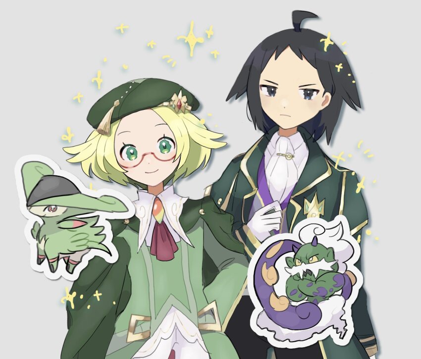 1boy 1girl ahoge bianca_(champion)_(pokemon) bianca_(pokemon) black_hair blonde_hair blue_eyes cape cheren_(champion)_(pokemon) cheren_(pokemon) dress eneko_(olavcnkrpucl16a) gen_5_pokemon glasses green_eyes hat highres holding horns jewelry legendary_pokemon long_sleeves nintendo open_mouth pokemon pokemon_(creature) pokemon_masters_ex shirt smile tornadus tornadus_(incarnate) virizion