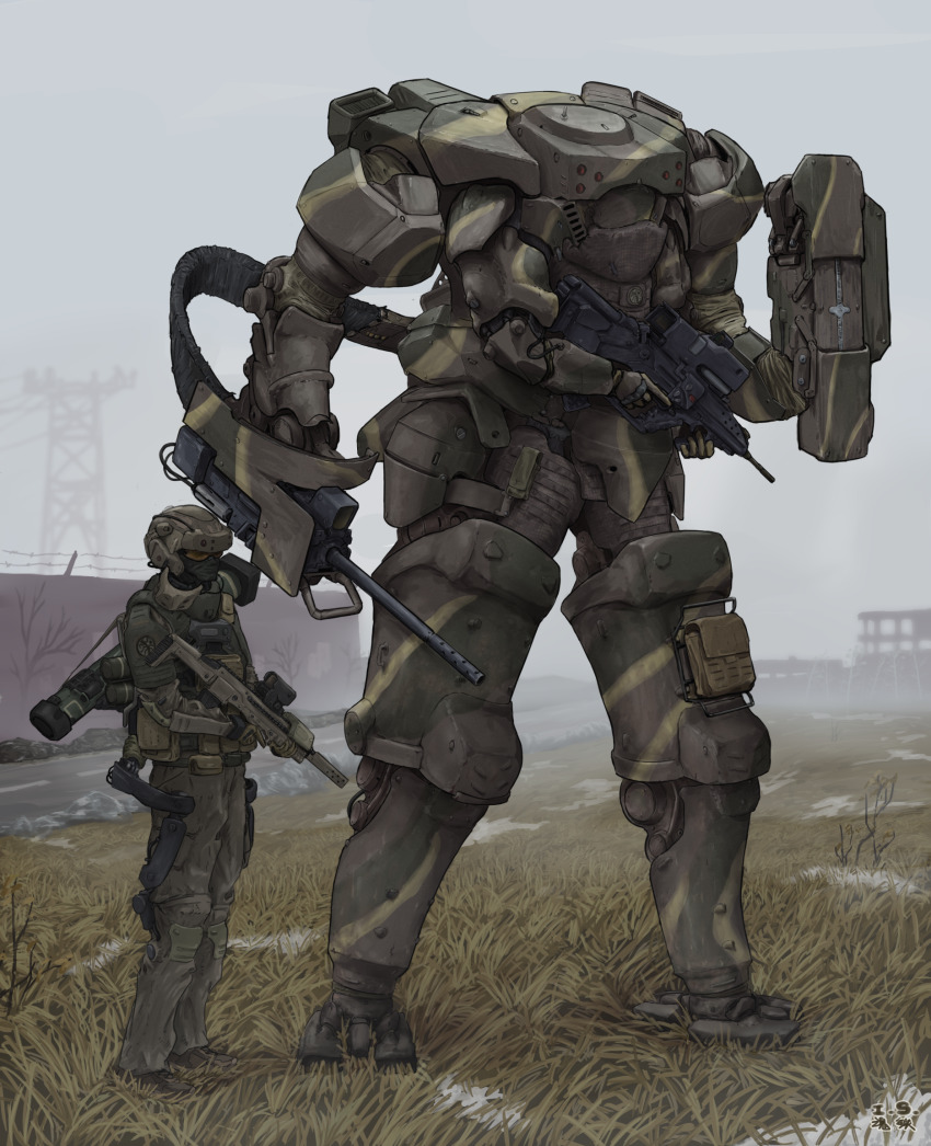 1boy armor assault_rifle bullpup fgm-148_javelin fn_f2000 gun highres ironsouls machine_gun mecha mecha_focus military military_uniform original power_armor power_suit realistic rifle robot science_fiction soldier solo weapon