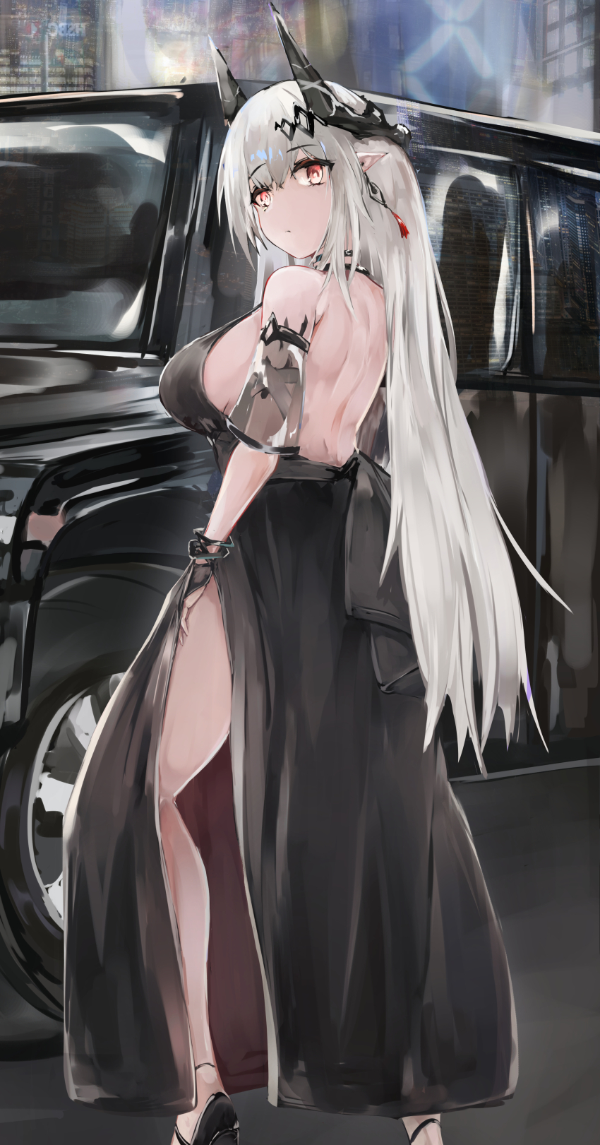 1girl absurdres arknights bare_shoulders black_collar black_dress black_gloves breasts car collar dress evening_gown full_body gloves hair_ornament high_heels highres horns jewelry kisumun large_breasts long_hair looking_at_viewer material_growth motor_vehicle mudrock_(arknights) oripathy_lesion_(arknights) pointy_ears solo standing white_hair yellow_eyes