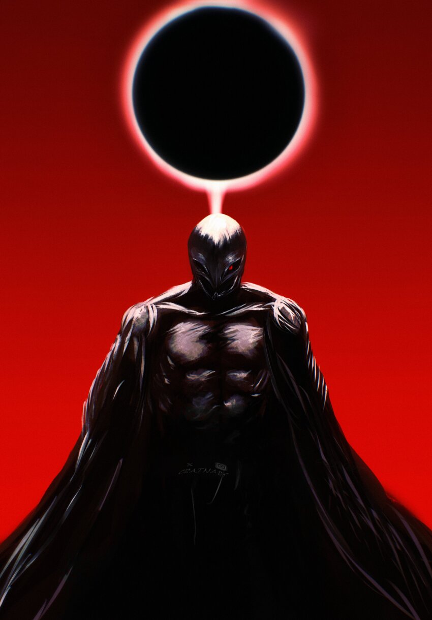 1boy absurdres berserk black_bodysuit bodysuit commentary crain1art eclipse english_commentary femto_(berserk) glowing glowing_eye griffith_(berserk) helm helmet highres looking_at_viewer male_focus red_background solo