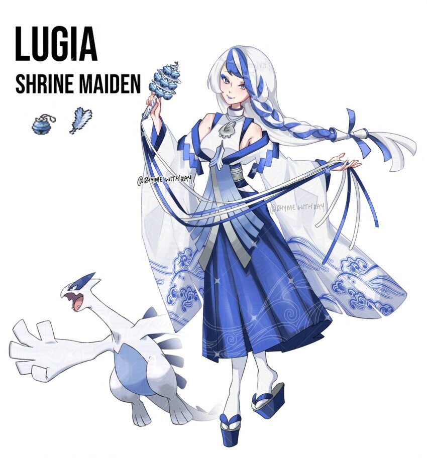 1girl adapted_uniform artist_name bare_shoulders bell blue_eyes blue_eyeshadow blue_hair blue_hakama blue_lips blue_ribbon blue_skirt braid character_name creature_and_personification creatures_(company) eyeshadow feathers full_body furisode_sleeves game_freak gen_2_pokemon hair_tubes hakama hakama_skirt hands_up highres holding holding_instrument instrument japanese_clothes jewelry jingle_bell kagura_suzu kosode legendary_pokemon lipstick long_hair long_ribbon long_sleeves looking_at_viewer lugia makeup miko multicolored_hair necklace nintendo obi off_shoulder official_art_inset okobo personification pixel_art_inset platform_sandals pokemon rhymewithray ribbon sandals sash silver_feather_(pokemon) simple_background skirt smile socks solo standing two-tone_hair wave_print white_background white_hair white_ribbon white_socks wide_sleeves