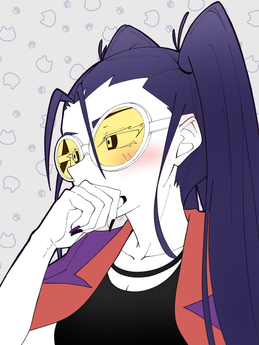 1girl ado_(utaite) black_nails black_tank_top blue_hair breasts cleavage commentary_request highres jacket jacket_on_shoulders long_hair multicolored_nails nail_polish nori_(norinori_yrl) odo-chan_(ado) odo_(song) purple_nails solo sunglasses tank_top tinted_eyewear twintails upper_body white-framed_eyewear white_background yellow-tinted_eyewear