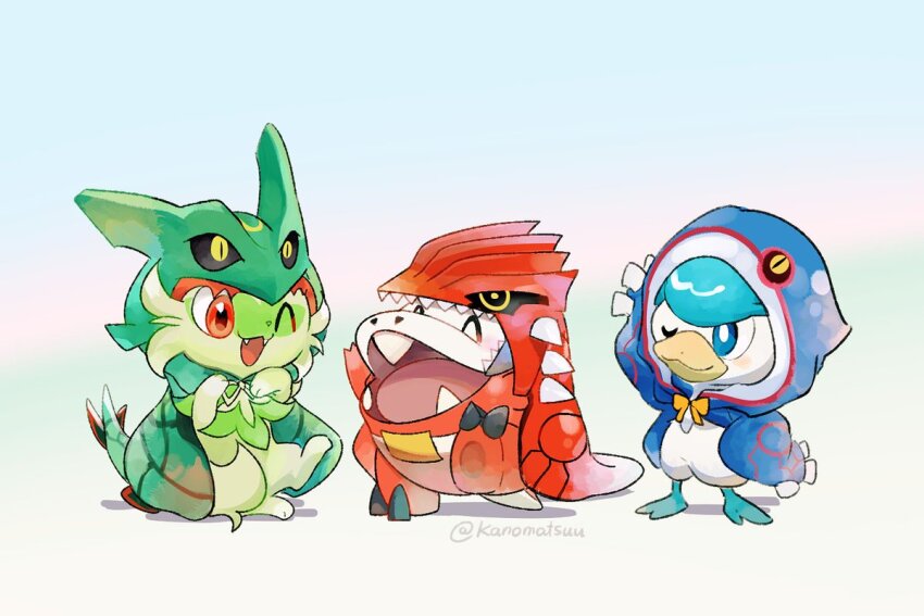 3boys 3others artist_request bird blue_background blue_eyes cat closed_eyes cosplay duck fang fuecoco gen_3_pokemon groudon groudon_(cosplay) kyogre kyogre_(cosplay) legendary_pokemon lizard multiple_boys multiple_others nintendo one_eye_closed open_mouth pokemon pokemon_sv quaxly rayquaza rayquaza_(cosplay) red_eyes smile sprigatito