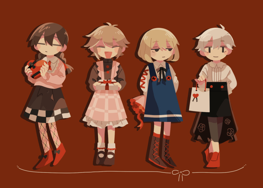 .flow 4girls =_= alternate_costume antenna_hair apron argyle_clothes argyle_pantyhose arms_behind_back averting_eyes bag black_eyes black_ribbon black_shirt black_skirt blonde_hair blue_dress blush_stickers boots bouquet box braid brown_hair buttons closed_eyes closed_mouth collared_shirt commentary_request cross-laced_clothes cross-laced_footwear cross-laced_sleeves crossed_legs dress drop_shadow facing_viewer flipped_hair flower frilled_apron frills full_body gift gingham_apron hand_up heart-shaped_box high_collar holding holding_bag holding_bouquet holding_gift incoming_gift jitome knee_boots kneehighs layered_skirt lineup long_skirt long_sleeves looking_at_viewer madotsuki mary_janes multiple_girls neck_ribbon necktie open_mouth pinafore_dress pink_apron pink_shirt raised_eyebrows red_background red_necktie red_socks ribbed_shirt ribbon sabitsuki see-through_clothes see-through_skirt shirt shoes short_hair skirt sleeveless sleeveless_dress smile socks suyazzz_(soyoyon) twin_braids two-handed urotsuki usotsuki valentine watson_cross white_hair white_shirt white_socks yume_2kki yume_nikki yume_nisshi |_|
