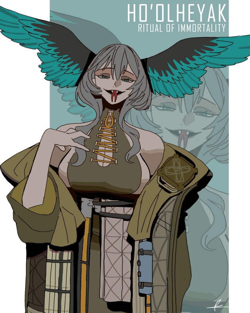 1girl arknights black_dress breasts dress feathered_wings grey_hair head_wings highres ho&#039;olheyak_(arknights) ho&#039;olheyak_(ritual_of_immortality)_(arknights) large_breasts long_dress medium_hair savadava side_slit snake_girl snake_tail solo tail wings