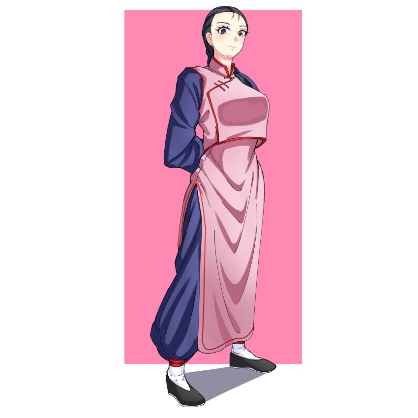 1girl arm_behind_back black_eyes black_hair changpao china_dress chinese_clothes dragon_ball dragonball_z dress fighting_stance genderswap genderswap_(mtf) hair_tie highres kokoro_no_koibito kung_fu long_sleeves martial_arts monk pink_dress tangzhuang tao_pai_pai training