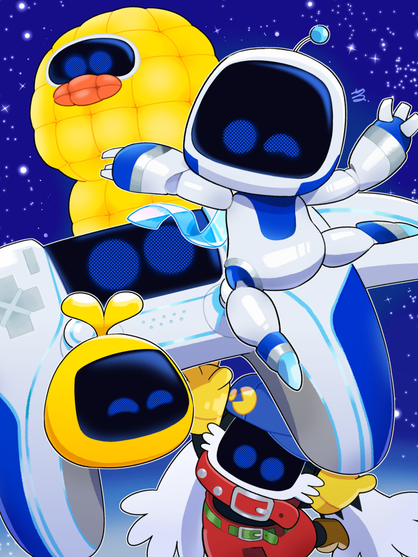 artist_request astro_bot astro_bot_(series) bird collar controller dualsense duck hat highres kaze_no_klonoa klonoa locoroco no_humans playstation_controller robot space