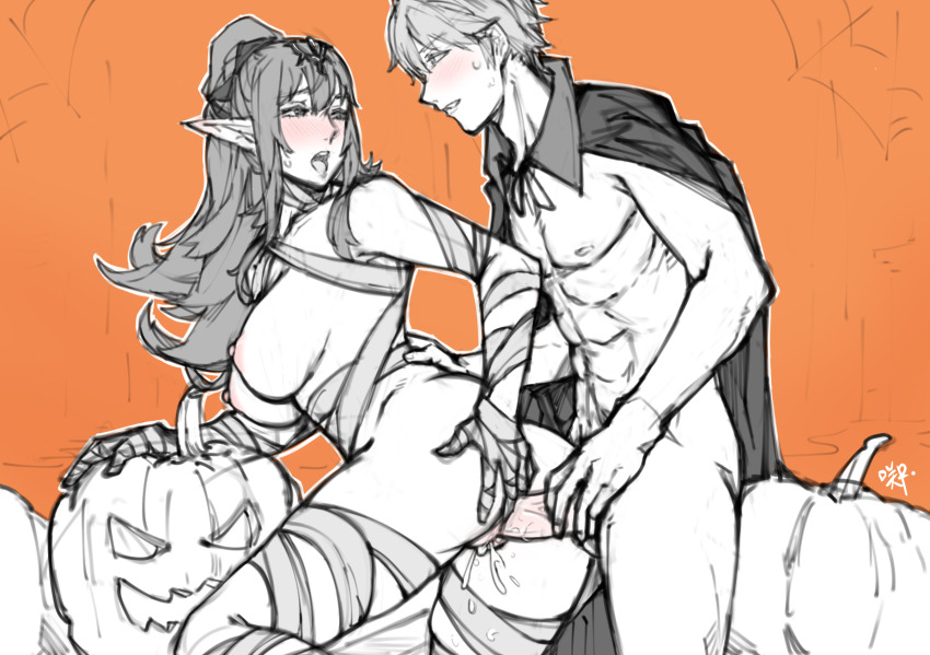 1boy 1girl abs ass bandages blush breasts cape clothed_sex cum cum_in_pussy cum_overflow cumdrip doggystyle ejaculation fire_emblem fire_emblem_awakening fire_emblem_heroes functionally_nude grabbing_own_ass hair_between_eyes hair_ornament halloween halloween_costume hand_on_another&#039;s_hip happy_sex hetero highres jack-o&#039;-lantern large_breasts large_penis leg_up legs long_hair looking_at_another looking_back male_robin_(fire_emblem) medium_hair monochrome mummy_costume muscular muscular_male nintendo nipples open_mouth orange_background orgasm parted_lips pectorals penis pointy_ears ponytail pumpkin pussy pussy_juice sakuremi sex sex_from_behind smile sweatdrop swept_bangs teeth testicles thighs tiki_(adult)_(fire_emblem) tiki_(fire_emblem) tongue vaginal