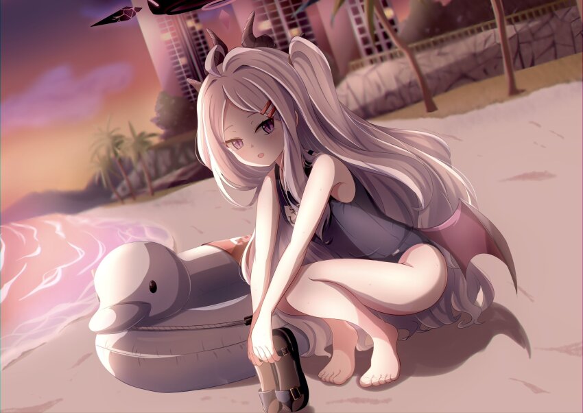 1girl :d ahoge barefoot beach blue_archive blurry building coconut_tree commentary_request demon_girl demon_horns demon_wings depth_of_field duck_innertube forehead hair_ornament hairclip halo highres hina_(blue_archive) hina_(swimsuit)_(blue_archive) horns long_hair looking_at_viewer mountainous_horizon name_tag ocean official_alternate_costume official_alternate_hairstyle old_school_swimsuit one_side_up open_mouth outdoors palm_tree parted_bangs parted_lips purple_eyes sandals school_swimsuit sidelocks skyscraper smile solo squatting swimsuit toes tree twilight unworn_sandals wavy_hair white_hair white_innertube wings yukimi_unagi