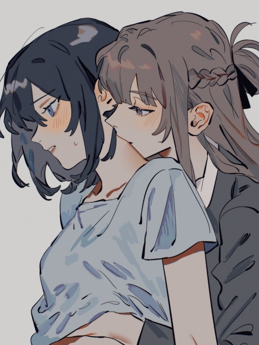 2girls absurdres akmizuk black_hair blue_eyes blush braid brown_hair clothes_lift commentary commission english_commentary grey_background grey_shirt half_up_braid hand_on_another&#039;s_shoulder hand_under_clothes hand_under_shirt highres kiss kissing_neck long_hair long_sleeves miyagi_shiori multiple_girls parted_lips purple_eyes second-party_source sendai_hazuki shirt shirt_lift short_hair short_sleeves shuuniichido_classmate_wo_kau_hanashi simple_background sweatdrop white_shirt yuri
