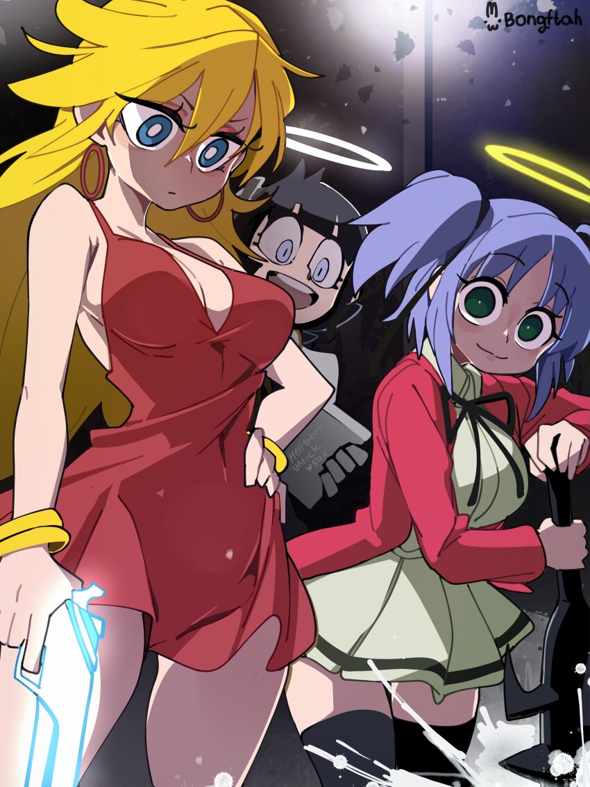 3girls absurdres artist_name azazel_(helltaker) black_hair blonde_hair blue_eyes blue_hair bokusatsu_tenshi_dokuro-chan bongfill breasts cleavage club club_(weapon) commentary dress earrings finger_on_trigger green_eyes gun halo helltaker highres holding holding_club holding_gun holding_weapon hoop_earrings jacket jewelry large_breasts long_hair mitsukai_dokuro multiple_girls panty_&amp;_stocking_with_garterbelt panty_(psg) red_dress red_jacket spiked_club symbol-only_commentary twintails weapon