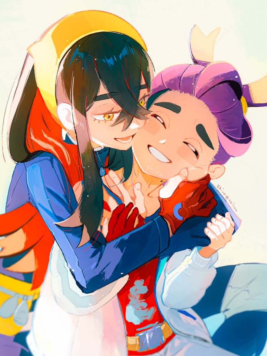 1boy 1girl artist_name black_hair blue_jacket brother_and_sister carmine_(pokemon) cheek_pinching colored_inner_hair commentary crossed_bangs gloves hair_between_eyes highres hug hug_from_behind jacket kieran_(pokemon) long_hair looking_at_another mole mole_on_neck multicolored_hair nintendo open_clothes open_jacket open_mouth partially_fingerless_gloves pinching pokemon pokemon_sv purple_hair red_hair red_shirt shiro_(46isou) shirt short_hair siblings single_glove symbol-only_commentary twitter_username two-tone_hair white_background white_jacket yellow_eyes