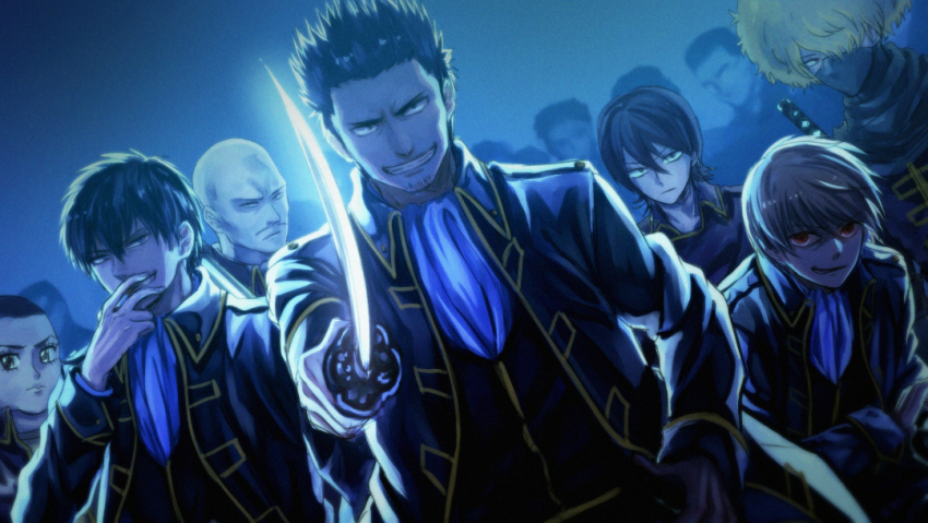 6+boys afro bad_id bad_pixiv_id black_jacket blonde_hair blue_background blue_neckwear brown_eyes brown_hair dutch_angle gintama grin hair_between_eyes hijikata_toushirou holding holding_sheath holding_sword holding_weapon jacket katana kondou_isao long_sleeves looking_at_viewer male_focus mask multiple_boys okita_sougo open_clothes open_jacket sheath shimaru_saitou shinsengumi_(gintama) smile smoking spiked_hair sword szzz_k tetsunosuke_sasaki unsheathed upper_body weapon yamazaki_sagaru