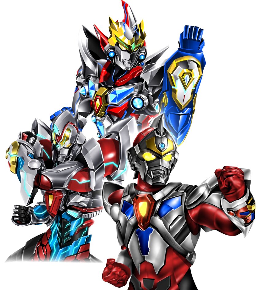 acceptor armor clenched_hands denkou_choujin_gridman glowing glowing_eyes gridman_(character) gridman_(ssss) gridman_universe gridman_universe_(movie) gridman_universe_fighter hanejidyna86 highres male_focus no_humans shoulder_armor simple_background ssss.gridman tokusatsu upper_body white_background yellow_eyes