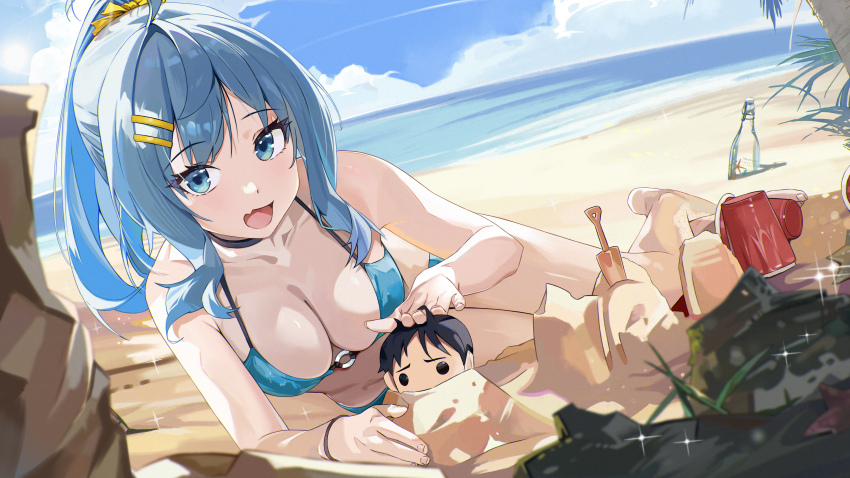 1girl absurdres alternate_hairstyle auguste barefoot beach bikini blue_bikini blue_eyes blue_hair bottle breasts buried character_doll cleavage collarbone day dutch_angle fang full_body hair_ornament hair_ribbon hairpin halterneck hand_on_another&#039;s_head highres large_breasts lying make_heroine_ga_oo_sugiru! medium_hair nukumizu_kazuhiko o-ring o-ring_bikini ocean on_side open_mouth outdoors ponytail revision ribbon sand sand_castle sand_sculpture shovel skin_fang smile solo swimsuit tongue yanami_anna yellow_ribbon