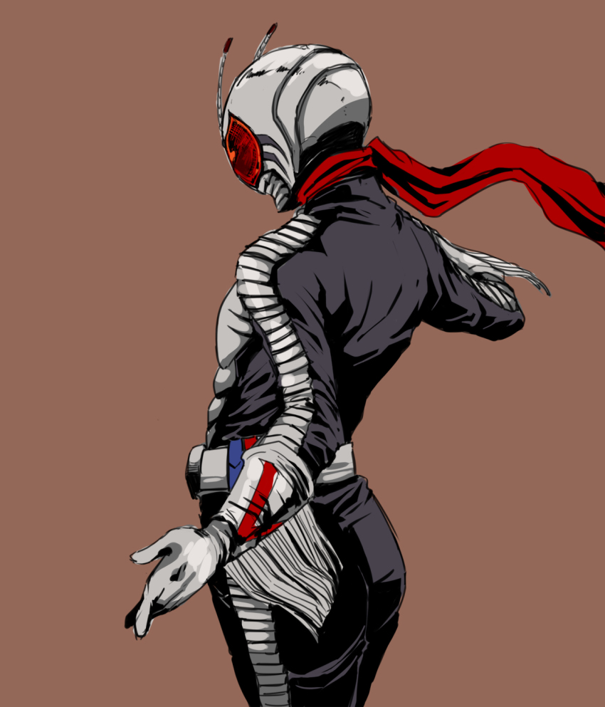 1boy antennae arched_back belt biker_clothes bikesuit bodysuit brown_background fringe_trim from_side gloves grey_gloves helmet highres jacket kamen_rider kamen_rider_super-1 male_focus outstretched_arms pants red_scarf scarf simple_background solo suparu_(detteiu)