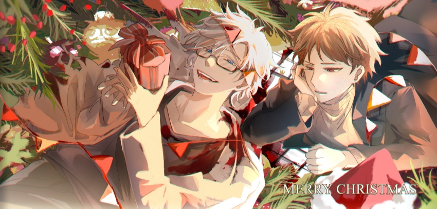 2boys atou_haruki black_jacket black_pants blonde_hair blue_eyes chinese_commentary christmas christmas_tree chromatic_aberration commentary_request english_text gift glasses hand_on_own_cheek hand_on_own_face hat highres holding holding_gift jacket kanou_aogu lab_coat lemijiang male_focus merry_christmas multiple_boys open_clothes open_jacket open_mouth pants rectangular_eyewear red_eyes ribbed_sweater saibou_shinkyoku santa_hat semi-rimless_eyewear short_hair smile sweat sweater turtleneck turtleneck_sweater white_hair yellow_sweater