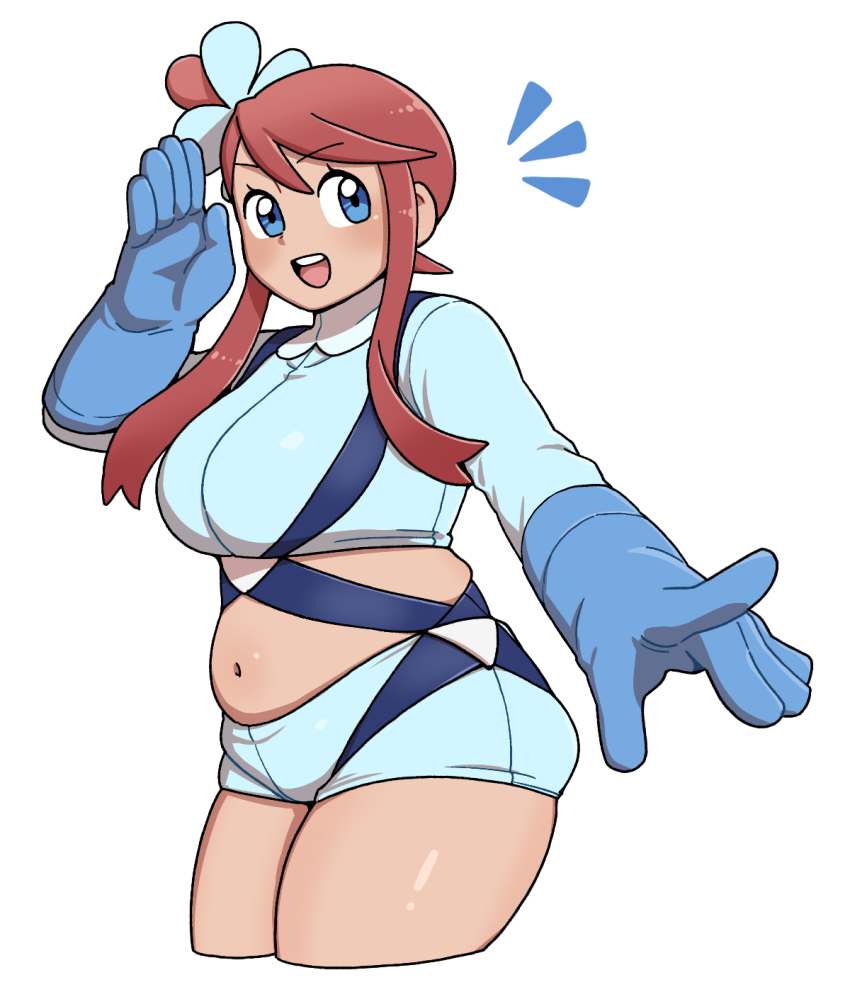 1girl :d alternate_body_size blue_eyes blue_gloves blue_jacket blue_shorts breasts commentary_request cropped_jacket eyelashes gloves hair_ornament hand_up happy highres jacket large_breasts navel nintendo notice_lines nutkingcall one_side_up open_mouth plump pointing pokemon pokemon_bw red_hair salute short_shorts shorts sidelocks simple_background skyla_(pokemon) smile solo teeth tongue upper_teeth_only white_background