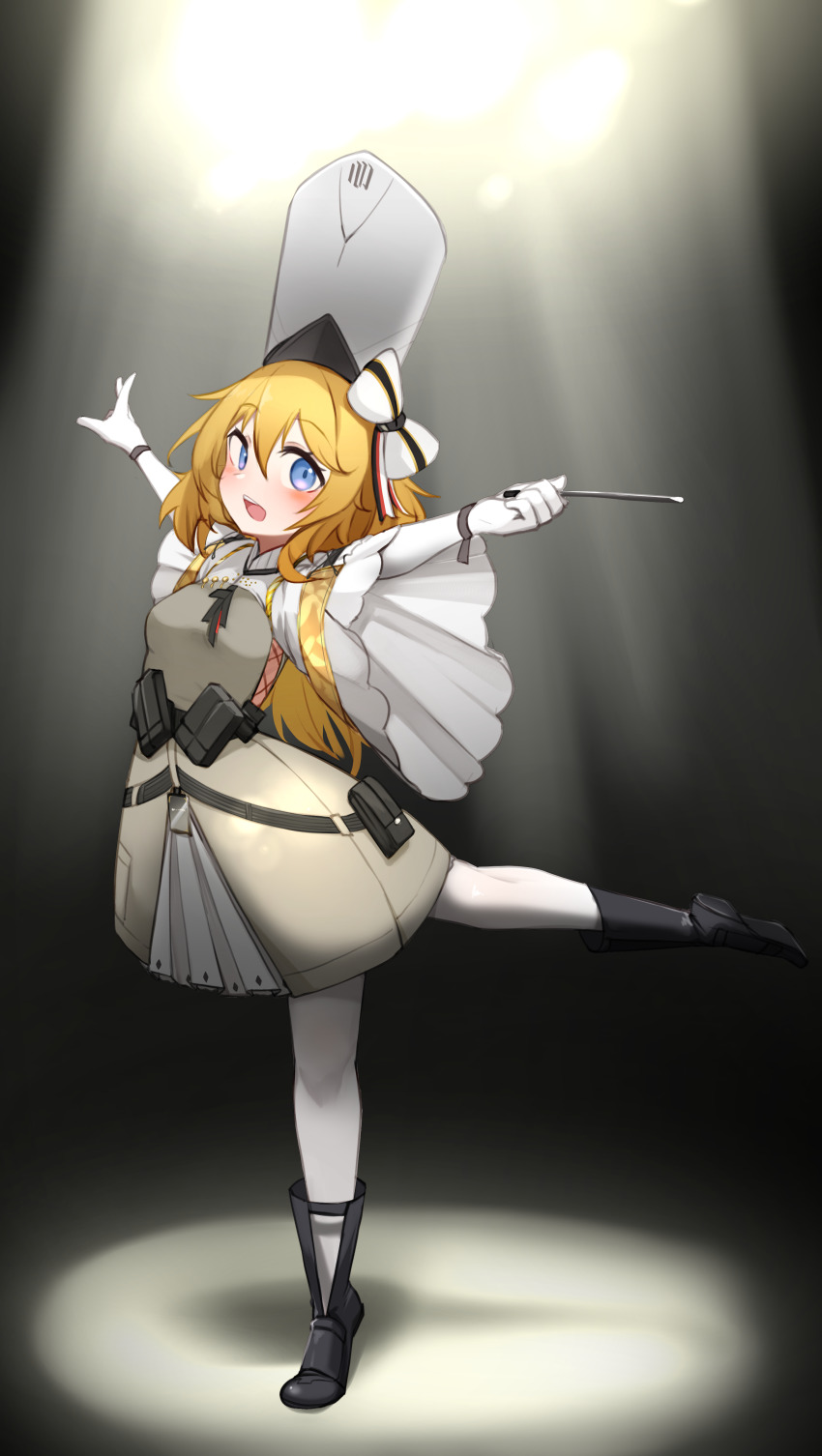 1girl absurdres belt_pouch black_footwear blonde_hair blue_eyes bow conductor_baton daebom dancing dress elbow_gloves full_body girls&#039;_frontline gloves hair_bow hair_ornament hat highres kolibri_(girls&#039;_frontline) pouch solo standing standing_on_one_leg white_hat wide_sleeves