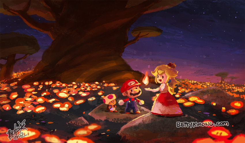 1girl 2boys bettykwong blue_overalls crown dress earrings fire_flower gloves jewelry looking_at_another mario mario_(series) multiple_boys night night_sky nintendo overalls princess_peach red_dress red_headwear red_shirt shirt sky smile the_super_mario_bros._movie toad_(mario) tree white_dress white_gloves