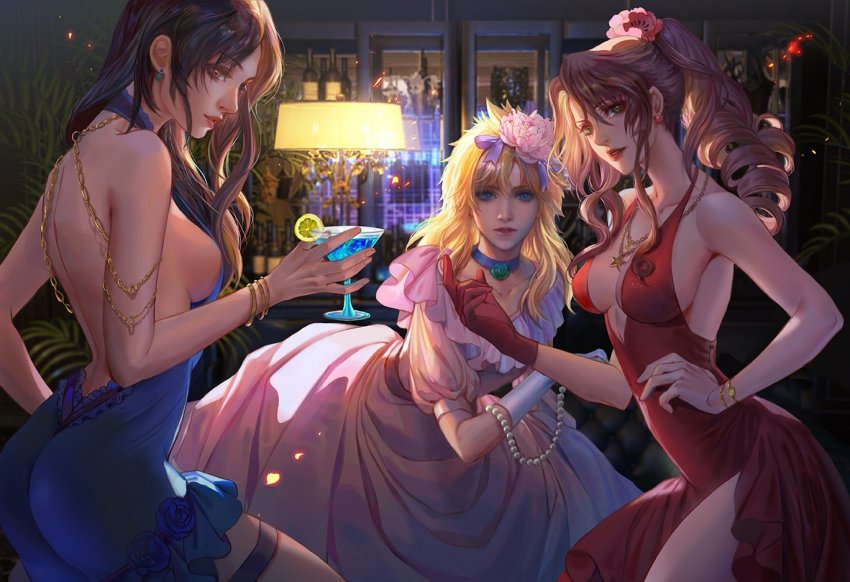 1boy 2girls aerith_gainsborough aerith_gainsborough_(red_dress) ass backless_dress backless_outfit black_hair blonde_hair blue_dress blue_eyes bracelet breasts brown_eyes brown_hair cleavage cloud_strife cloud_strife_(ball_gown) cocktail_glass collarbone crossdressing cup curly_hair dress drinking_glass earrings fan_yang_(jiuge) final_fantasy final_fantasy_vii flower frilled_dress frills gloves green_eyes hair_flower hair_ornament hand_on_own_hip holding holding_cup jewelry lamp lipstick long_dress long_hair makeup medium_breasts medium_hair multiple_girls necklace parted_lips pearl_necklace pendant_choker ponytail puffy_short_sleeves puffy_sleeves purple_dress red_dress red_gloves short_dress short_sleeves single_glove square_enix thigh_strap tifa_lockhart upper_body wall_market