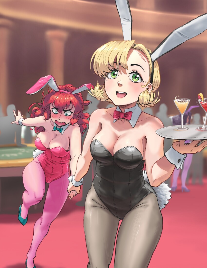 3girls animal_ears aqua_bow aqua_bowtie aqua_shoes black_leotard black_pantyhose blonde_hair blue_eyes blush bow bowtie breasts casino cleavage collar crowd dragging fake_animal_ears fake_tail freckles green_eyes high_heels highres holding_hands kerrigan_(thescarletone) large_breasts leotard lipstick long_hair makeup medium_hair mole mole_under_eye multiple_girls olabisi_(thescarletone) olivia_(thescarletone) original pantyhose pink_leotard pink_pantyhose playboy_bunny rabbit_ears rabbit_tail red_bow red_bowtie shadow shoes short_hair stiletto_heels tail thescarletone tripping walking white_collar white_wrist_cuffs wrist_cuffs