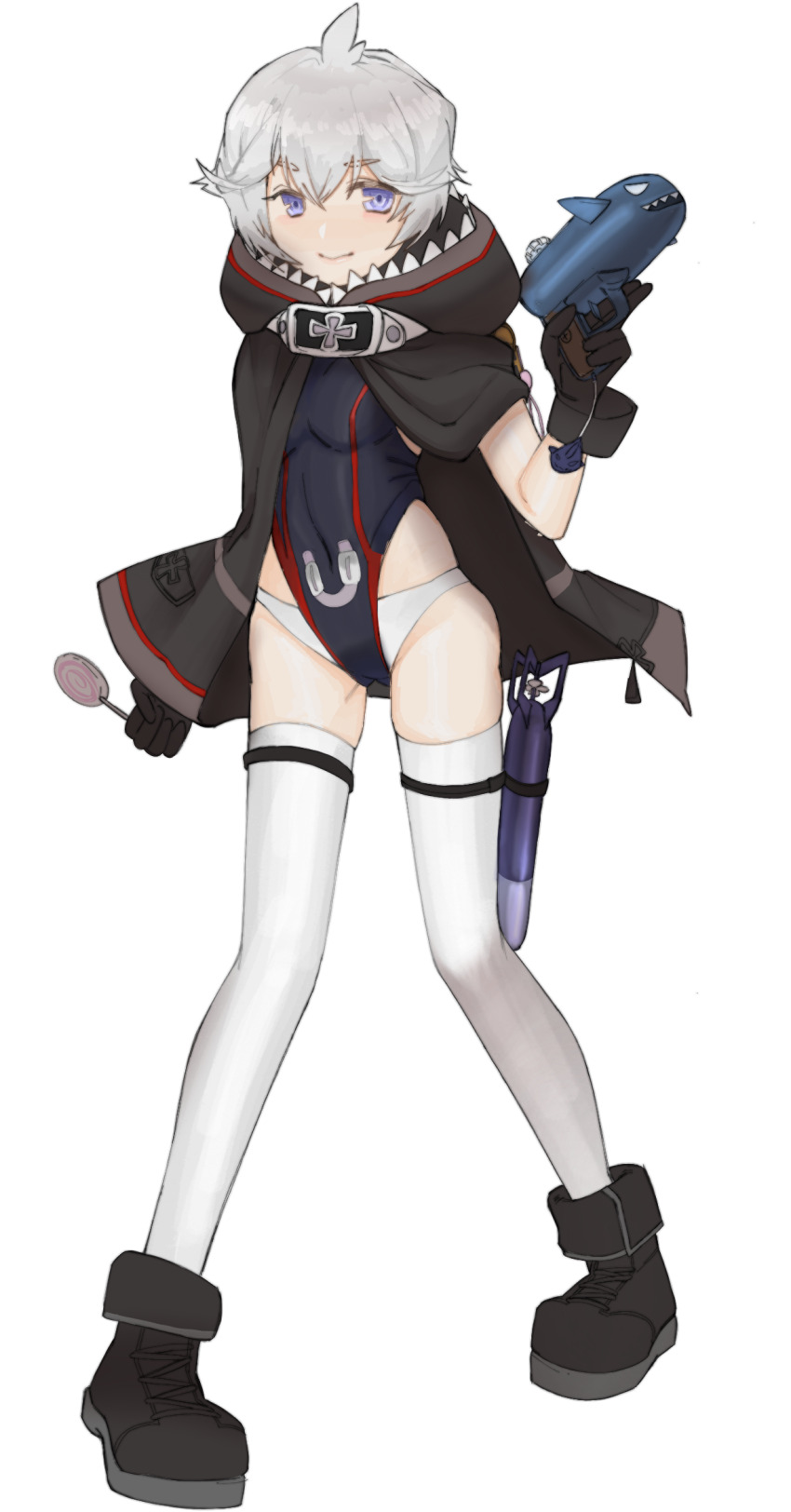 1girl ahoge animal_hood azur_lane black_boots black_gloves black_one-piece_swimsuit blue_eyes blue_hair boots candy closed_mouth cross food full_body gloves gun handgun highres holding holding_food holding_gun holding_weapon hood iron_cross ligd120712 lollipop looking_at_viewer one-piece_swimsuit shark_hood short_hair simple_background smile solo standing swimsuit swirl_lollipop thighhighs torpedo u-110_(azur_lane) weapon white_background white_hair white_thighhighs