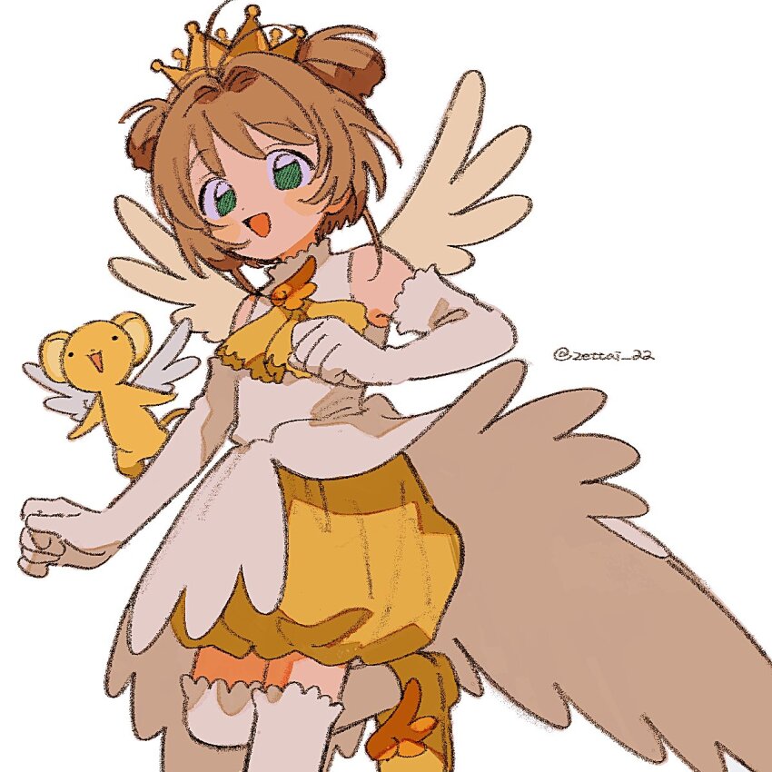 1girl :d ascot bare_shoulders bloomers blush_stickers brown_hair cardcaptor_sakura cowboy_shot crown dress elbow_gloves foot_up gloves green_eyes highres kero_(cardcaptor_sakura) kinomoto_sakura kinomoto_sakura_(miraculous_sakura) open_mouth shoes short_hair simple_background sleeveless sleeveless_dress smile solo thighhighs twitter_username underwear white_background white_dress white_gloves white_thighhighs yellow_ascot yellow_bloomers yellow_shoes zettai_22