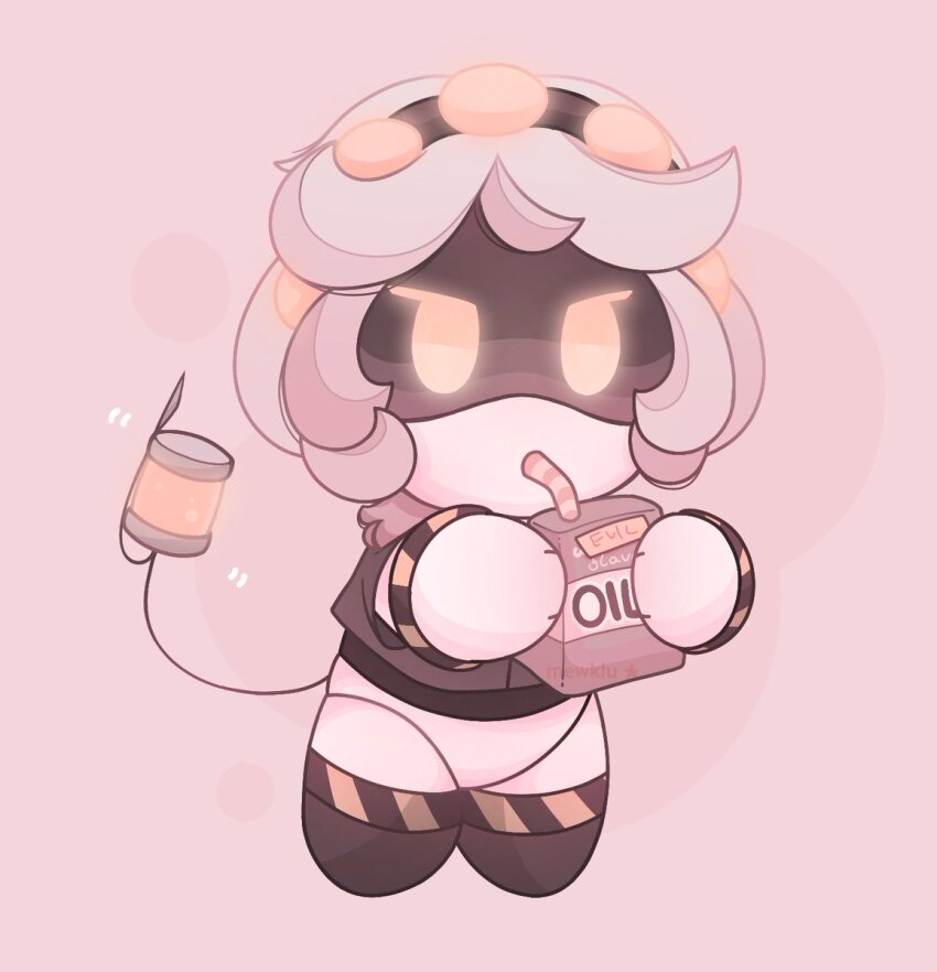 1girl chibi coat colored_skin drink female_focus glitch_productions grey_skin highres juice_box mecha_girl mechanical_tail mewklu murder_drones oil robot_girl shiny_skin short_hair tail thighhighs v_(murder_drones) yellow_eyes