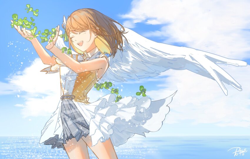1girl angel_wings bare_arms blue_sky brown_hair buttons closed_eyes cloud cloudy_sky clover collared_shirt colored_inner_hair commentary_request cowboy_shot cupping_hands day facing_viewer feathered_wings floating_hair grey_skirt hair_ornament hanasato_minori hands_up happy heart heart_hair_ornament highres horizon laughing light_blush light_particles medium_hair multicolored_hair open_mouth orange_vest outdoors own_hands_together plaid_clothes plaid_skirt pleated_skirt project_sekai qunqingyue shirt skirt sky solo sunlight swept_bangs teeth todoke!_hopeful_stage_(project_sekai) two-tone_vest upper_teeth_only vest waist_cape water white_shirt white_vest white_wings wing_collar wing_hair_ornament wings