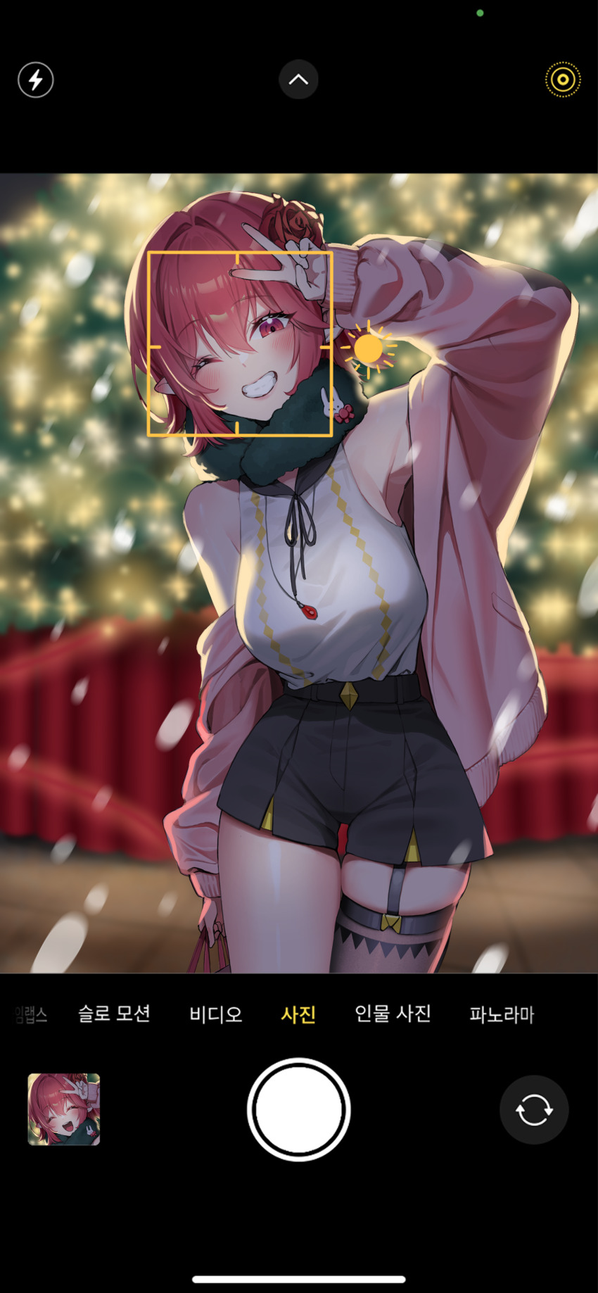 1girl absurdres arm_up armpits bare_shoulders black_shorts blurry bokeh breasts brown_thighhighs commission depth_of_field dungeon_and_fighter fake_screenshot female_mage_(dungeon_and_fighter) flower garter_straps grin guamon hair_flower hair_ornament high-waist_shorts highres jacket jewelry long_sleeves looking_at_viewer medium_breasts necklace off_shoulder open_clothes open_jacket original pink_jacket pointy_ears red_eyes red_hair rose scarf shirt shirt_tucked_in short_hair short_shorts shorts single_garter_strap single_thighhigh skindentation sleeveless sleeveless_shirt smile solo summoner_(dungeon_and_fighter) thighhighs thighs viewfinder white_shirt