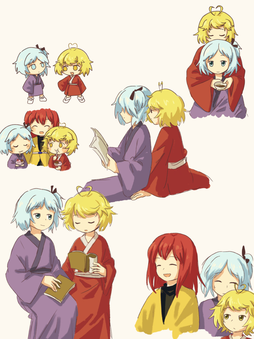 3others absurdres aged_down androgynous antenna_hair baila_kuangzi blonde_hair blue_eyes blue_hair chibi chinese_commentary closed_eyes closed_mouth commentary_request fujiwara_no_iyozane highres hug hug_from_behind japanese_clothes kimono len&#039;en long_sleeves medium_hair multiple_others multiple_views no_nose ooama_no_ake_no_mitori ooya_kunimitsu open_mouth other_focus purple_kimono red_hair red_kimono short_hair side_ponytail sitting smile step-siblings sweat wide_sleeves yellow_eyes