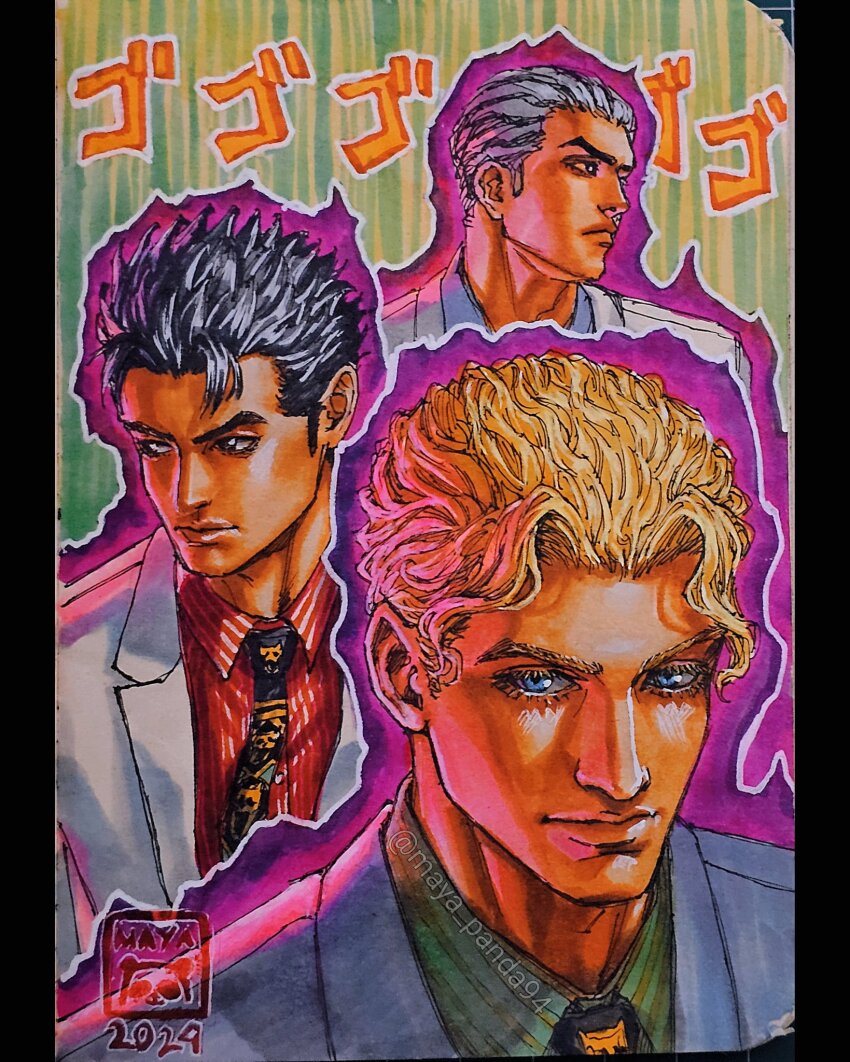 3boys aura black_eyes black_hair black_necktie blonde_hair blue_eyes blue_jacket collared_shirt cropped_torso diamond_wa_kudakenai green_shirt highres jacket jojo_no_kimyou_na_bouken kawajiri_kosaku kira_yoshikage looking_at_viewer maya_panda menacing_(jojo) multiple_boys multiple_views necktie red_shirt shirt striped_clothes striped_hair striped_shirt traditional_media white_hair white_jacket white_shirt yellow_shirt