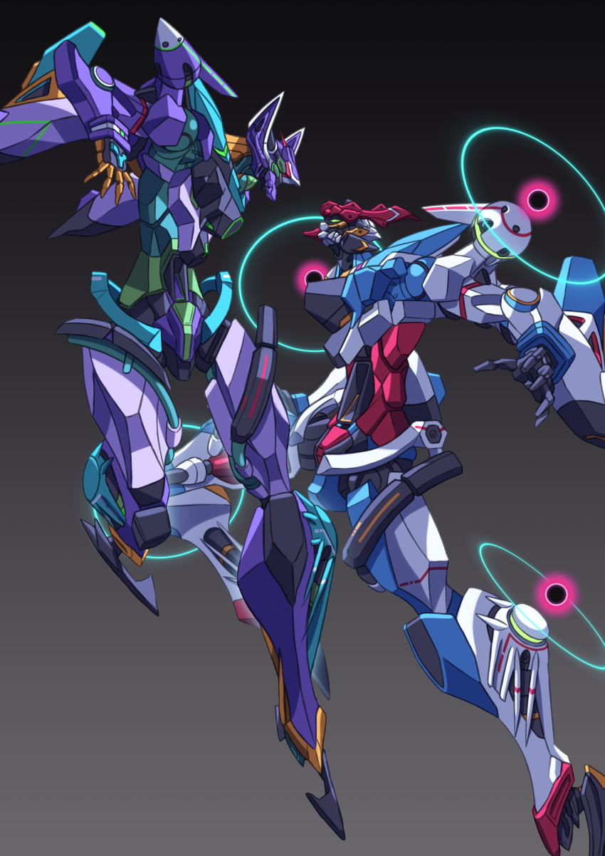 absurdres black_background commentary_request extra_eyes face-to-face flying gfred gquuuuuux gradient_background green_eyes grey_background gundam gundam_gquuuuuux highres ka_ki_o looking_at_another mecha mecha_focus mobile_suit no_humans robot science_fiction two-tone_background