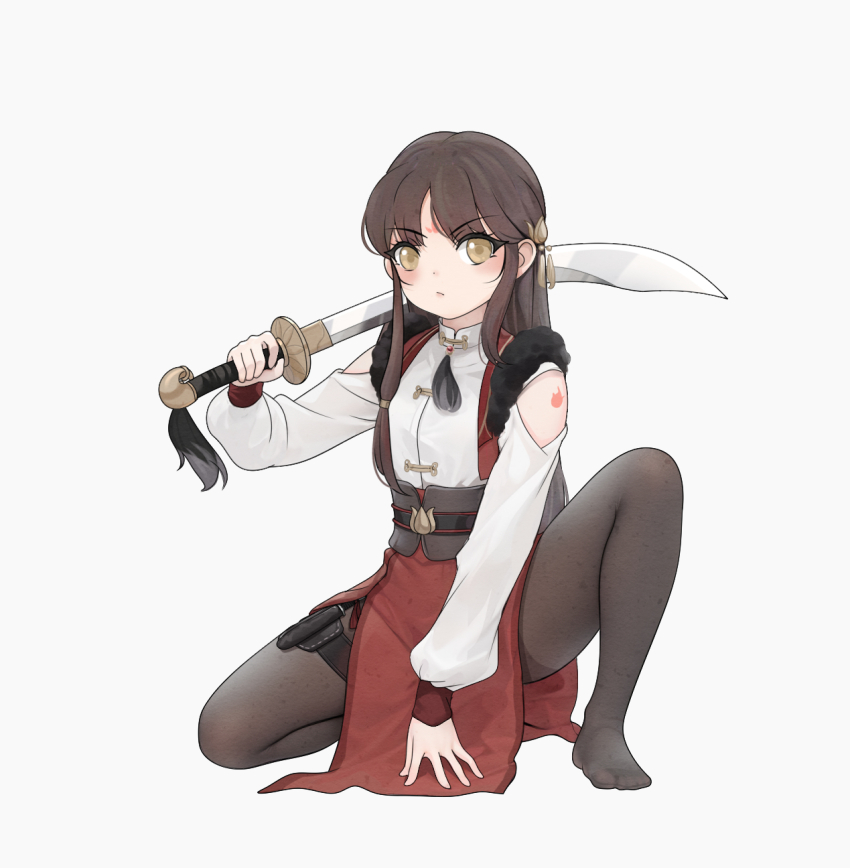 1girl arm_support blush brown_eyes brown_hair brown_pantyhose closed_mouth facial_mark forehead_mark full_body grey_background highres holding holding_sword holding_weapon long_hair looking_at_viewer no_shoes on_one_knee original over_shoulder pantyhose parted_bangs scimitar shiro_piazi simple_background solo sword sword_over_shoulder v-shaped_eyebrows very_long_hair weapon weapon_over_shoulder