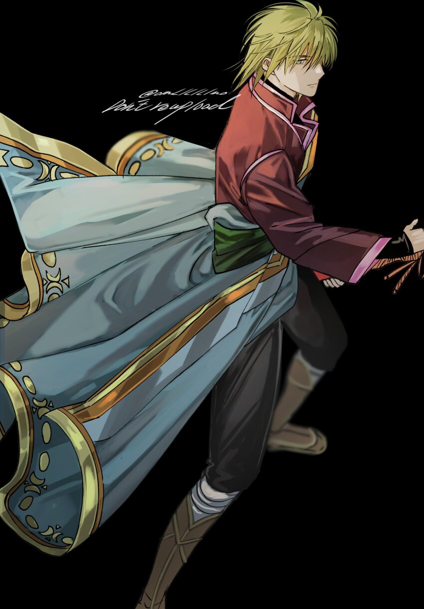 1boy absurdres arm_out_of_sleeve black_undershirt blue_eyes fire_emblem fire_emblem:_radiant_dawn green_hair highres jacket looking_at_viewer male_focus nintendo omlililimo purple_jacket solo stefan_(fire_emblem)
