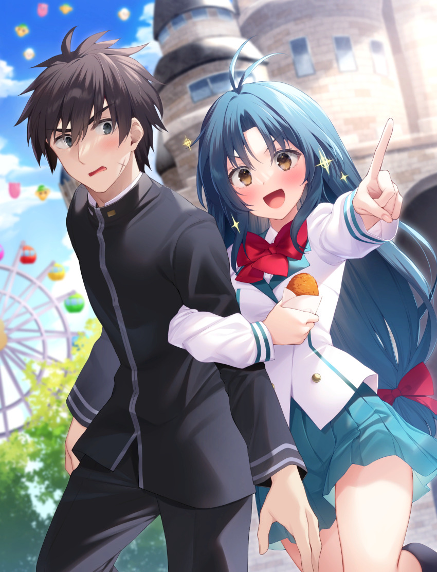 1boy 1girl :d absurdres antenna_hair artist_request black_hair black_jacket black_pants black_socks blazer blue_hair blue_skirt blurry blurry_background blush bow bowtie brown_eyes chidori_kaname day full_metal_panic! hair_between_eyes hair_intakes highres holding index_finger_raised jacket kneehighs long_hair long_sleeves looking_at_viewer miniskirt open_mouth outdoors pants pleated_skirt red_bow red_neckwear sagara_sousuke school_uniform short_hair skirt smile socks v-shaped_eyebrows very_long_hair white_jacket
