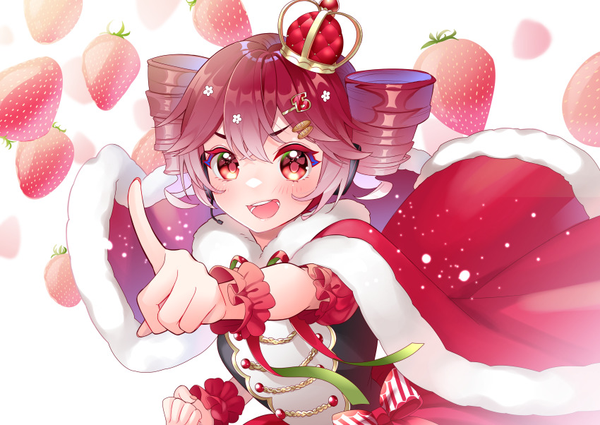 1girl absurdres aiguillette blush bow bread_hair_ornament cape clenched_hand commentary crown dress drill_hair food food-themed_hair_ornament fruit fur-trimmed_cape fur_trim hair_ornament hairclip headphones headset highres kasane_teto masumofu mini_crown open_mouth pointing pointing_at_viewer red_eyes red_hair short_sleeves smile solo strawberry striped_bow symbol-only_commentary twin_drills utau v-shaped_eyebrows wrist_cuffs