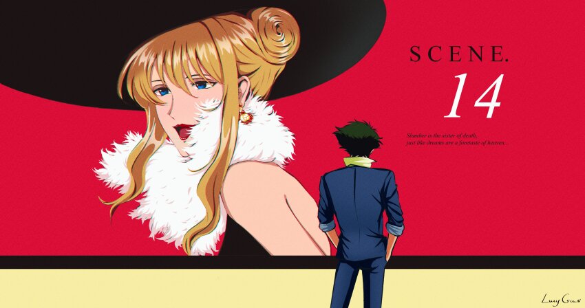 1boy 1girl absurdres artist_name bare_shoulders black_dress black_hat blonde_hair blue_eyes blue_jacket blue_pants breasts collared_shirt cowboy_bebop dress earrings green_hair hair_between_eyes hair_bun hat highres jacket jewelry julia_(cowboy_bebop) looking_at_another lucyguusi medium_breasts meme open_mouth pants popped_collar red_lips shirt short_hair sidelocks smile spike_spiegel sun_hat updo upper_body veil_scene_14_redraw_(meme) white_fur yellow_shirt