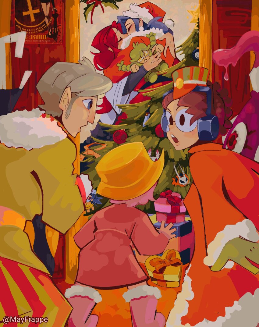 adam_kapowski christmas_ornaments christmas_present christmas_tree gift hat highres hungern_(skullgirls) kiss mayfrappe molly_(skullgirls) pajamas parasoul_(skullgirls) santa_costume santa_hat skullgirls surprised tagme umbrella_(skullgirls) valentine_(skullgirls) yuri
