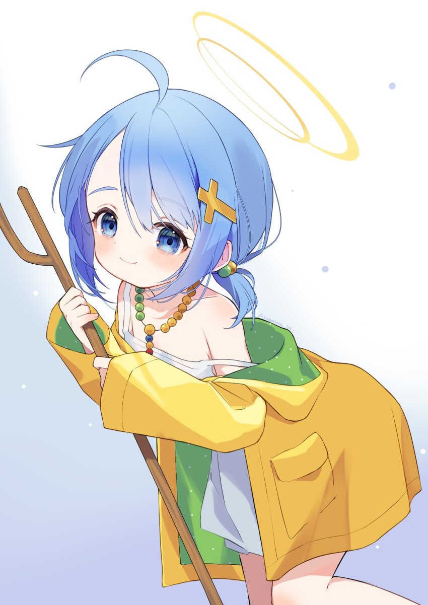 1girl ahoge asagawa_mikan_(peachy_michi) bead_necklace beads blue_eyes blue_hair blush cane coat collarbone commentary cowboy_shot cross dots dress gradient_background green_coat hair_ornament halo highres holding holding_cane jewelry jubilee_2025 luce_(jubilee_2025) necklace off_shoulder open_clothes open_coat polka_dot_coat raincoat single_off_shoulder smile solo standing sundress two-sided_coat two-sided_fabric white_dress yellow_halo yellow_raincoat