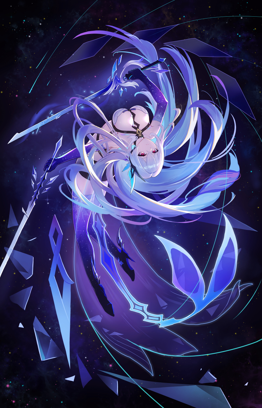 1girl absurdres arched_back breasts dress dual_wielding ermu_(enmmm) floating_hair full_body genshin_impact hair_ornament high_heels highres holding holding_sword holding_weapon large_breasts long_hair looking_at_viewer pink_eyes prosthesis prosthetic_arm prosthetic_leg skirk_(genshin_impact) solo sword upside-down weapon white_dress white_hair