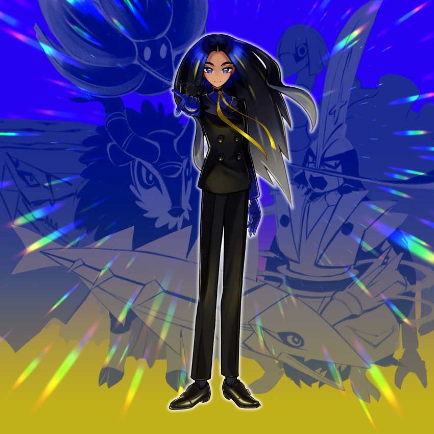 1girl absurdres avalugg black_footwear black_hair black_pants blue_eyes blue_gloves blue_shirt closed_mouth commentary_request espathra geeta_(pokemon) gen_6_pokemon glimmora gloves gogoat highres kingambit long_hair long_sleeves looking_at_viewer neck_ribbon nintendo outstretched_arm pants pokemon pokemon_(creature) pokemon_sv ribbon shirt shoes smile standing veluza wing_(wing_0319) yellow_ribbon